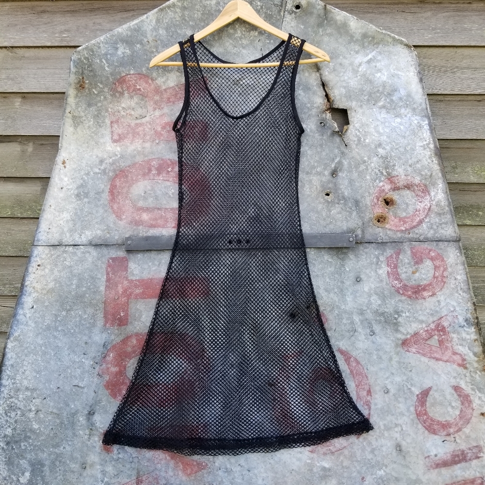 Vintage 90s BLACK Satin & Fishnet Cocktail Dress